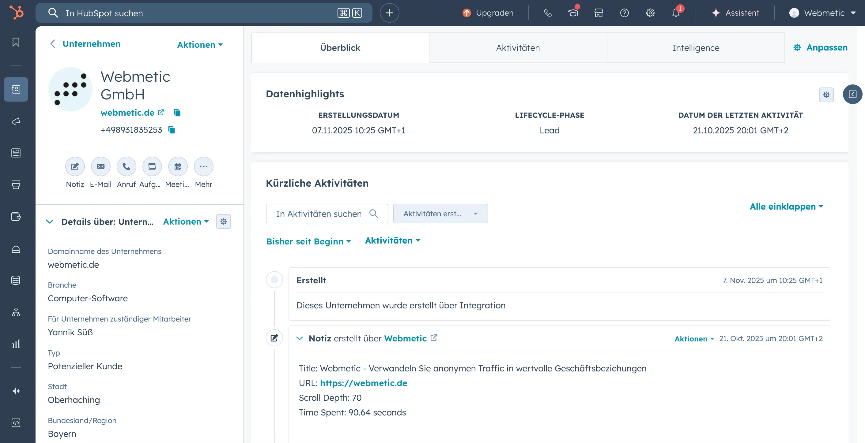 HubSpot CRM Integration mit Webmetic